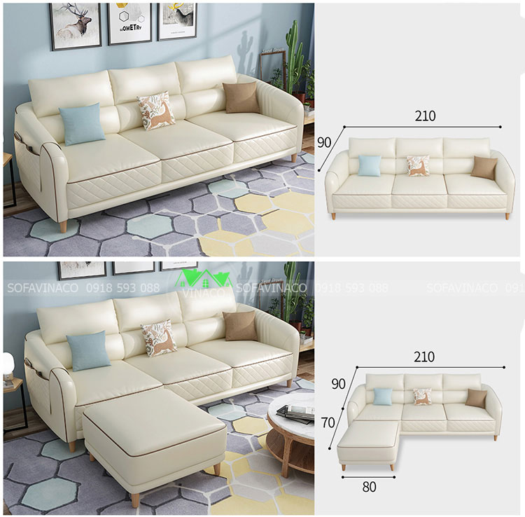 Chi tiết kích thước của chiếc ghế sofa dài và đôn
